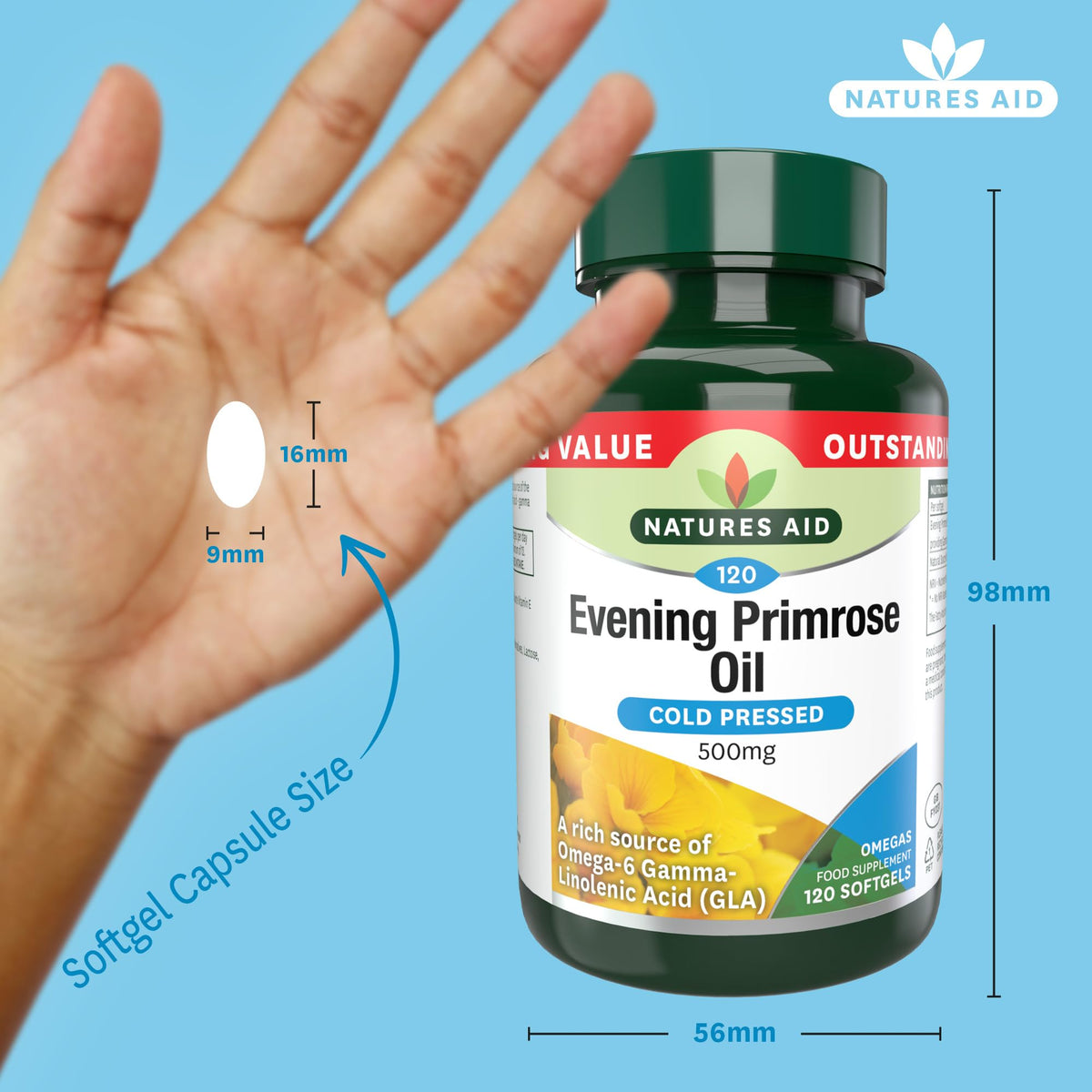 Natures Aid Evening Primrose Oil 500mg – Cold Pressed Omega-6 GLA – Supports Hormonal Balance, Skin Health & Anti-Inflammatory Function – Non-GMO, Gluten-Free – 120 Softgels