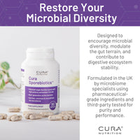 Cura Nutrition CURA NUTRITION SPOREBIOTICS – Spore Based Probiotic with Antioxidants, Active Bacteria Daily Supplement to Boost Akkermansia, 3 Bacillus Spores for Gut Health Support, Vegan Probiotics (30 Capsules)