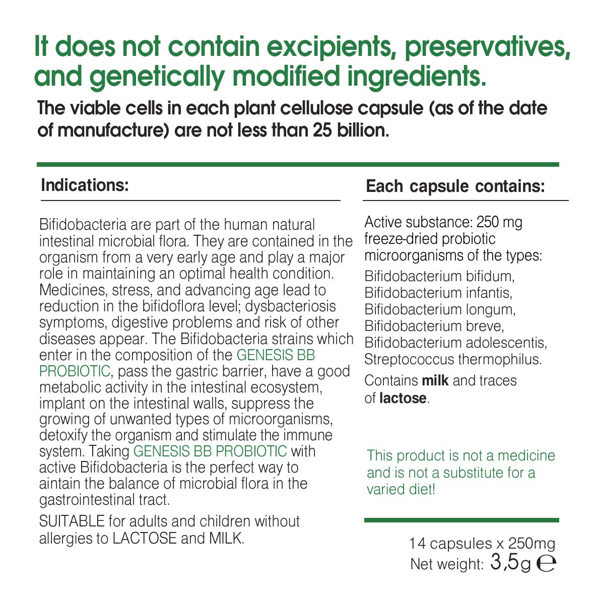Genesis Unique Combination strains Bifidobacterium Complex BB Probiotic 14 Capsules of 240 Mg-Bifidum;Infantis;Longum;Breve;Adolescentis