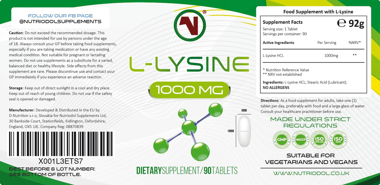 Nutriodol L-Lysine x 90 1000mg Tablets | Smallest Possible 19mm Formula | Easier to Swallow and Quicker to Absorb - Suitable for Vegetarian and Vegan. (90)