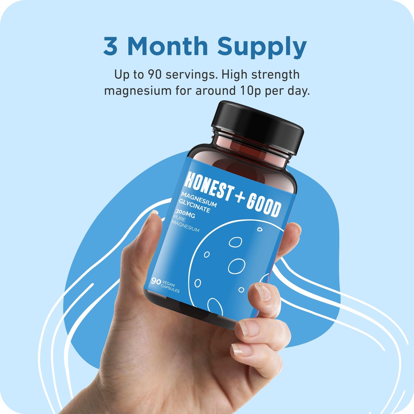 Honest + Good Magnesium Glycinate 750mg Capsules | 150mg Elemental | 3 Month Supply | High Strength & Absorption Supplement | Pure & Natural Vegan Ingredients with No Fillers | Small Batch & UK Made