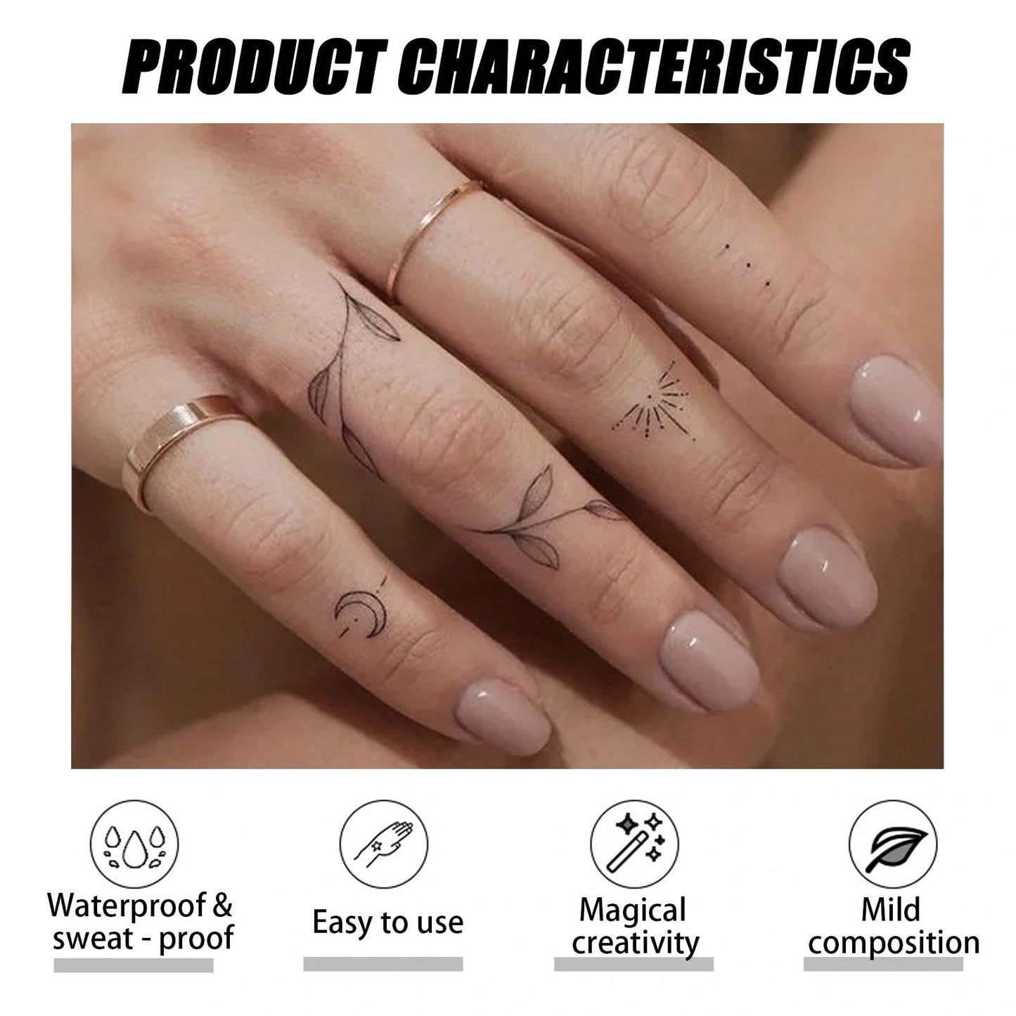 AuraAnge Realistic Small Finger Temporary Tattoos - 10 Sheets Waterproof & Long Lasting Fake Tattoos with Black Floral Designs