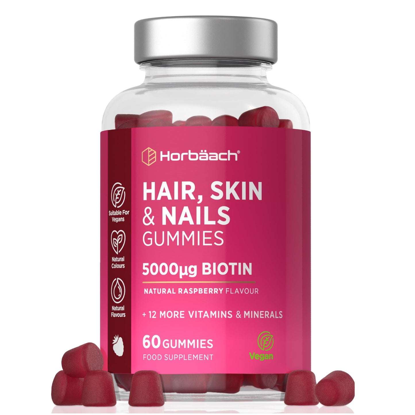 Horbäach Hair Skin and Nails Vitamins | 5000mcg Biotin | Hair Growth Vitamins | with Added Zinc, Vitamin C, E & More! 60 Vegan Gummies | Supplement for Women and Men | by Horbaach