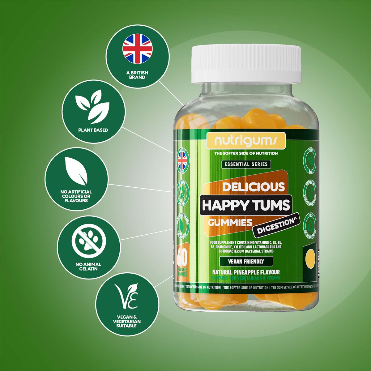 Nutrigums Happy Tums Probiotic Complex Gummy | 1.125 Billion CFU Triple Strain Probiotics, Vitamin C, B3, B5, B6 & Chamomile 1000mg | Pineapple Flavour | 60 Vegan Gummies | Gut & Digestive Health by NUTRIGUMS®