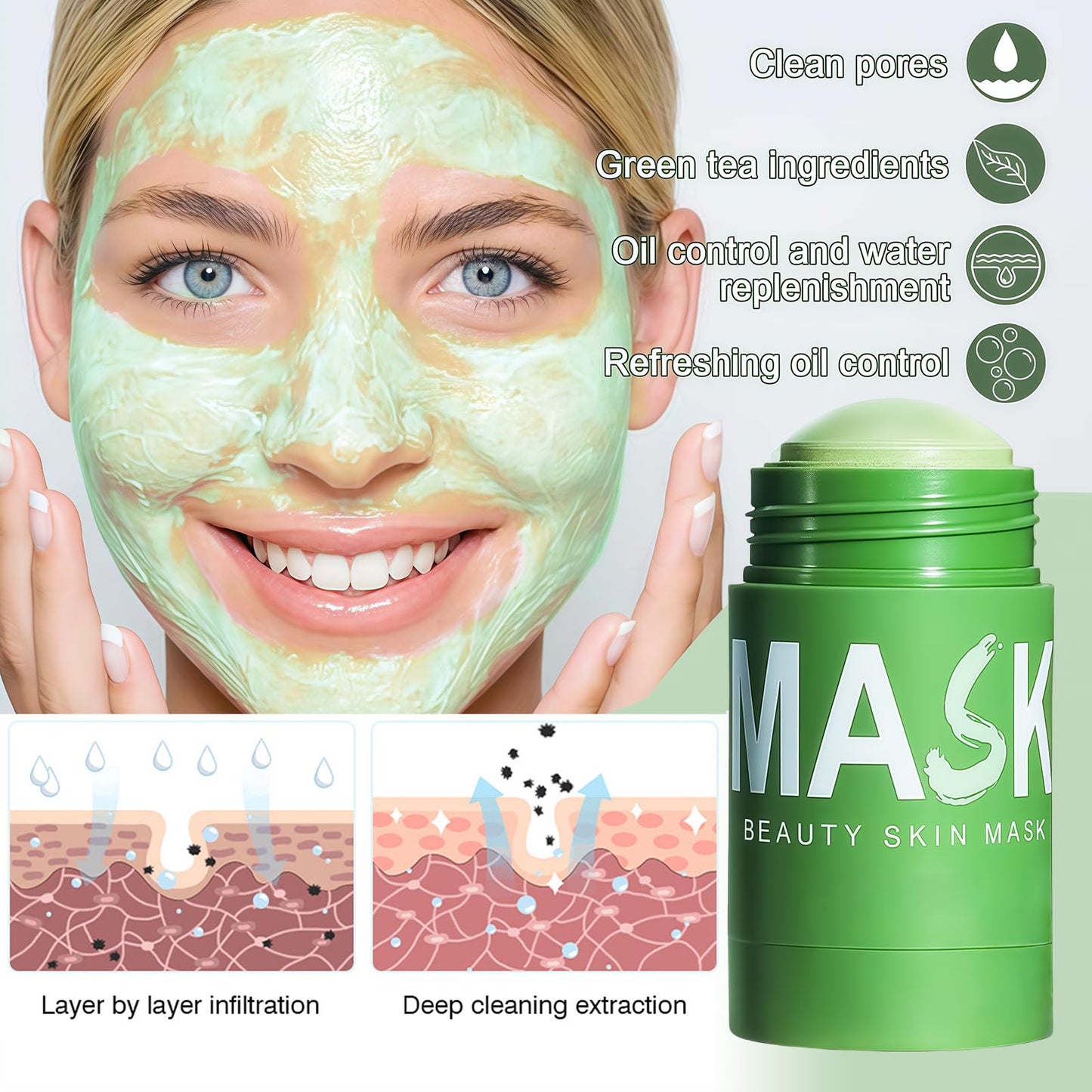 AuraAnge 2 PCS – Green Mask Stick, Green Tea Deep Cleanse Mask & Blackhead Remover for All Skin Types, Cleansing Facial Pores, Moisturizing and Oil Control, Men & Women