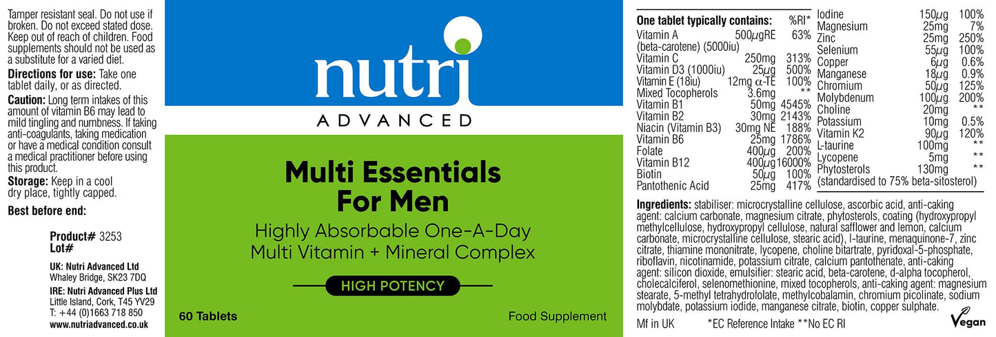 Nutri Advanced - Multi Essentials for Men Multivitamin - Vegetarian and Vegan - 60 Tablets