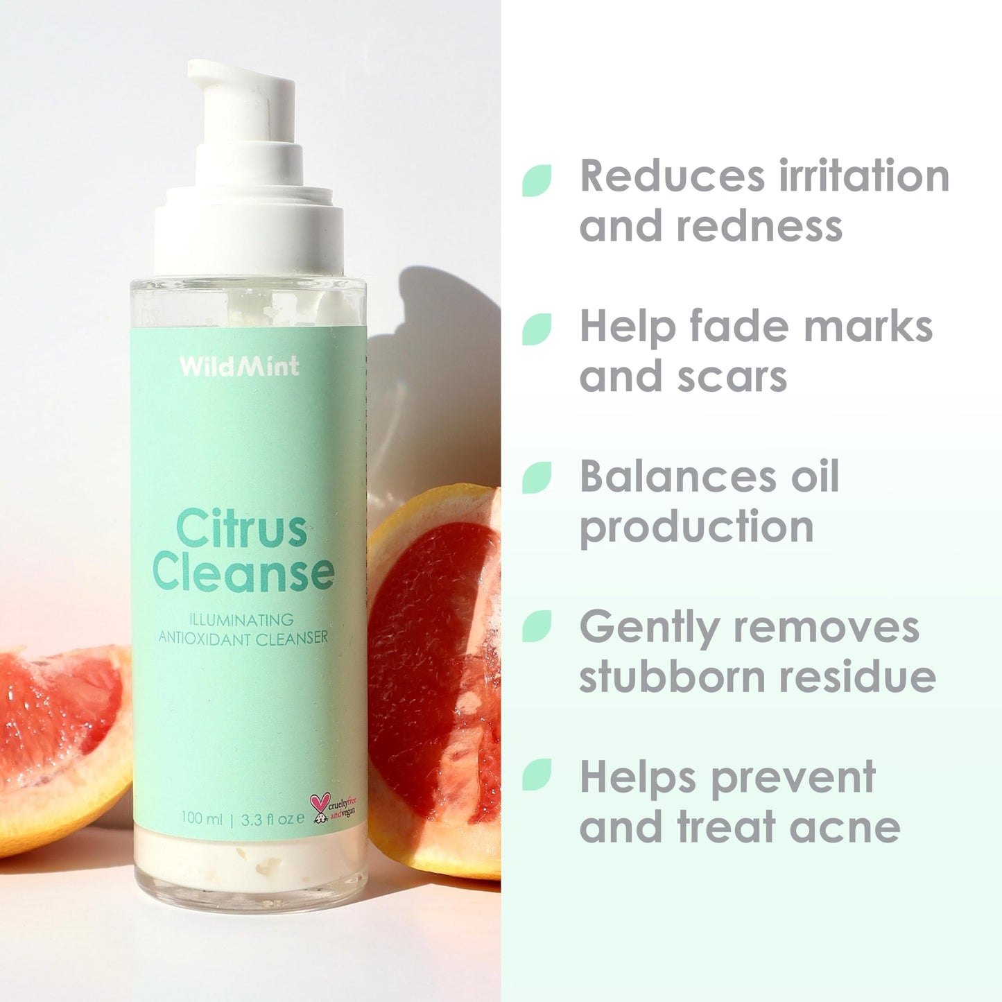WildMint Citrus Cleanse Natural Face Cleanser | Gentle & Creamy Face Wash for Sensitive, Mature, Acne-Prone & Dry Skin | Vitamin C Brightening Skincare | UK Made Vegan & Cruelty-Free Skincare | 100ml