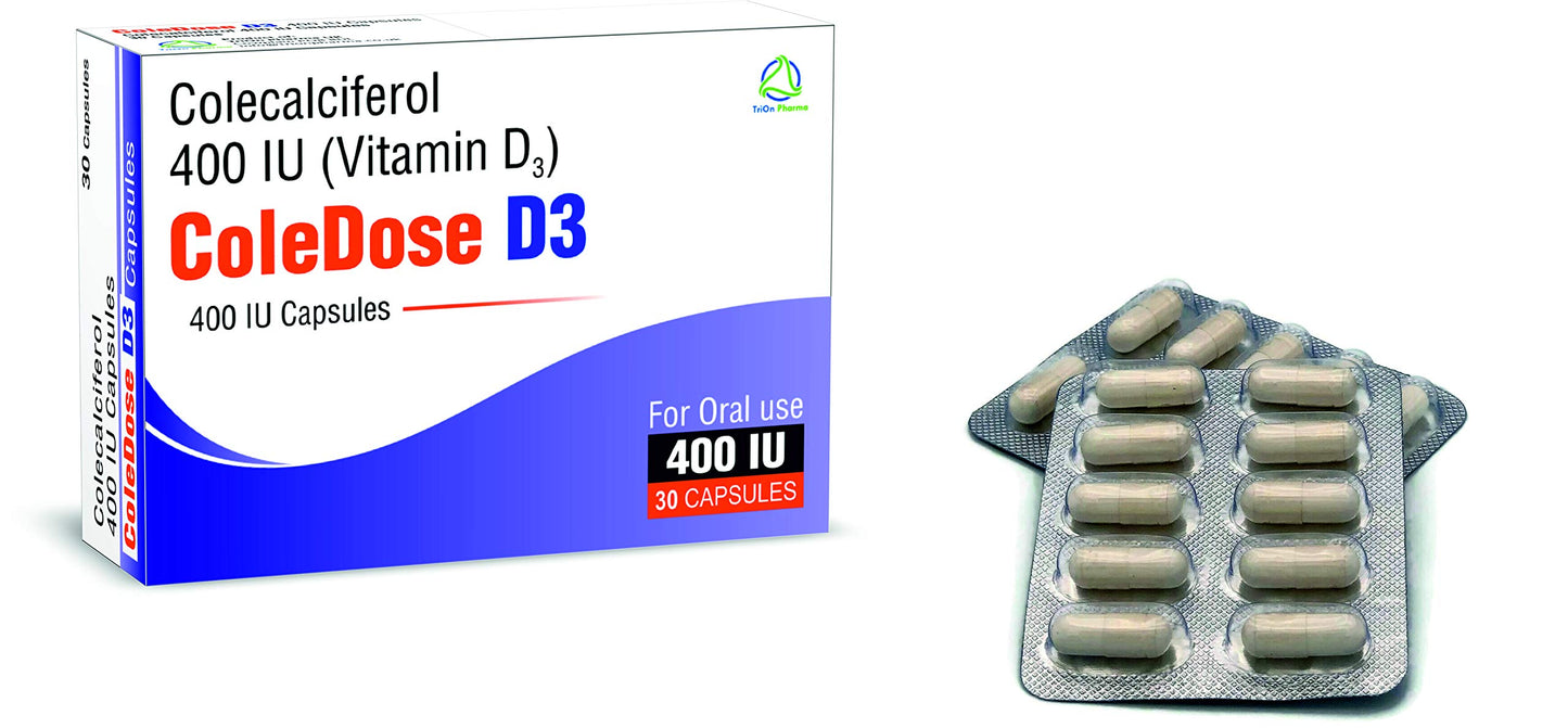Vitamin D 400 IU –Equivalent to 10 mcg - ColeDose D3, Premium Vitamin - 30 Capsules- One a Day