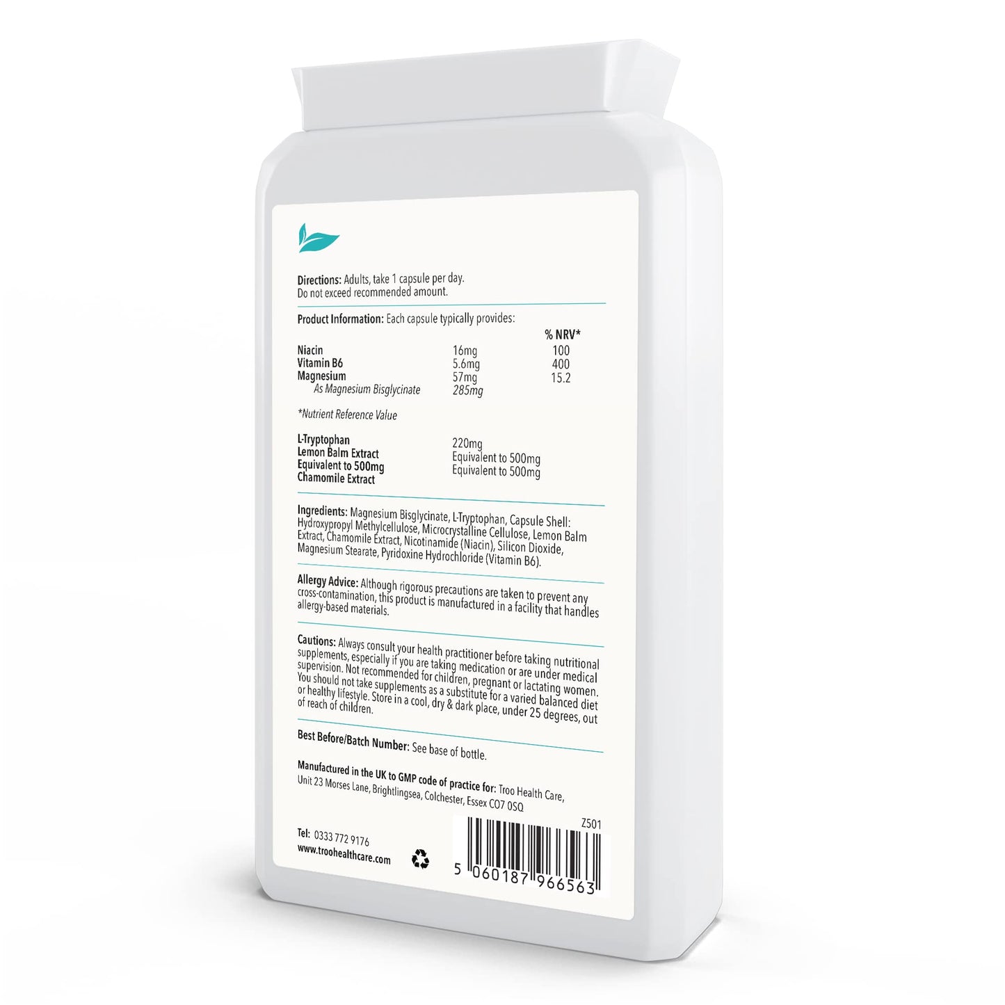 Troo Health Care L-Tryptophan Carma Complex 120 Vegan Capsules - Daily Supplement to Support Healthy Psychological Function - with Niacin, Vitamin B6 & Magnesium Bisglycinate
