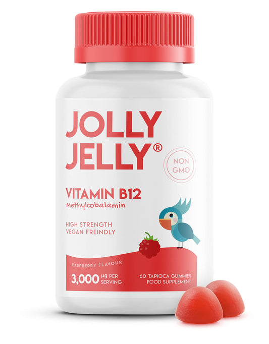 JOLLY JELLY Vitamin B12 Tapioca Gummies - 3,000mcg - High Strength Methylcobalamin Gummies - Non-GMO, Gluten Free, Raspberry Flavour - 60 Vegan Gummies. 1 Pack