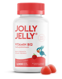 JOLLY JELLY Vitamin B12 Tapioca Gummies - 3,000mcg - High Strength Methylcobalamin Gummies - Non-GMO, Gluten Free, Raspberry Flavour - 60 Vegan Gummies. 1 Pack