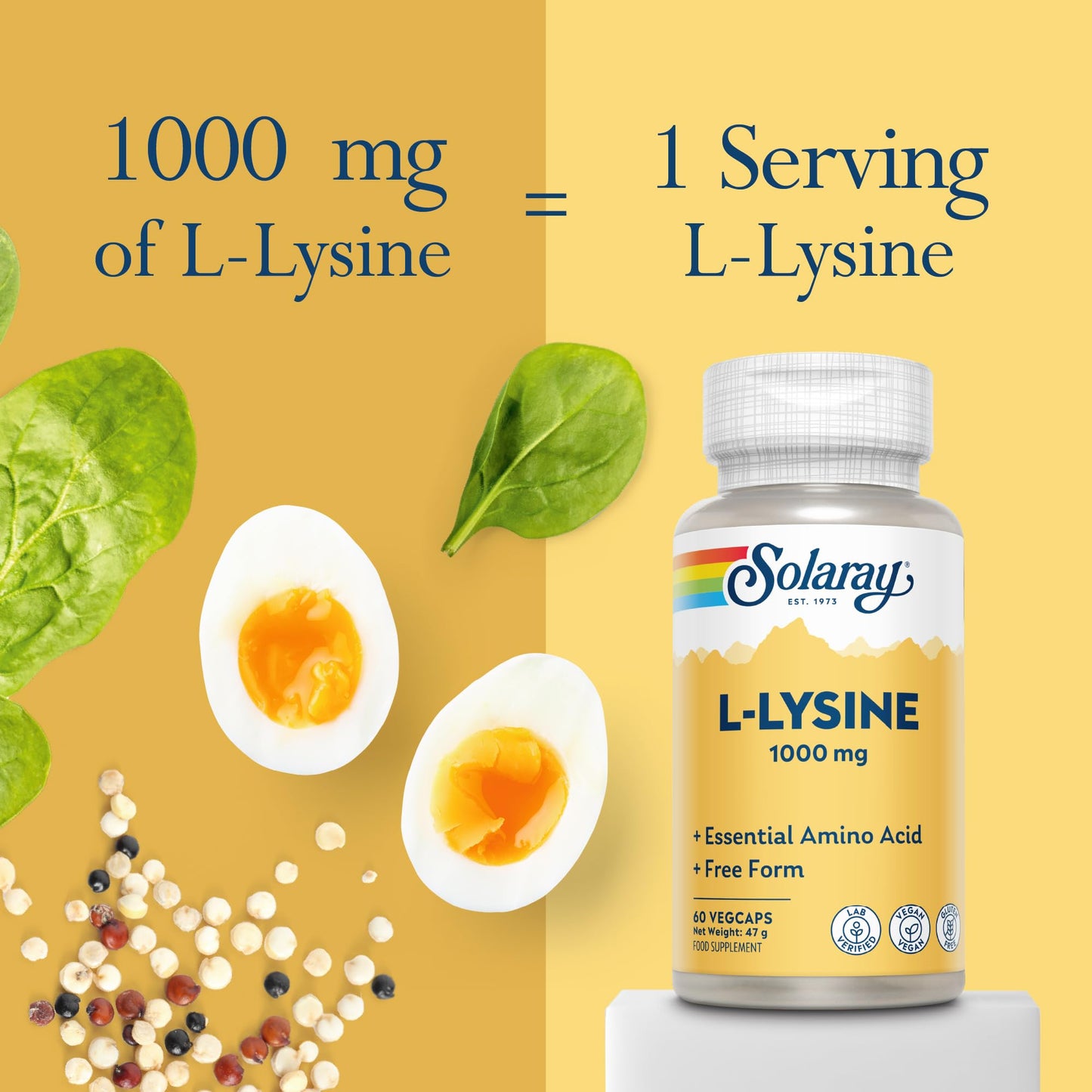 SOLARAY L-Lysine 1000mg - 60 Vegan Capsules not Powder - Double Strength l Lysine - Amino Acid Supplement - Non GMO & Lab Verified - Solaray