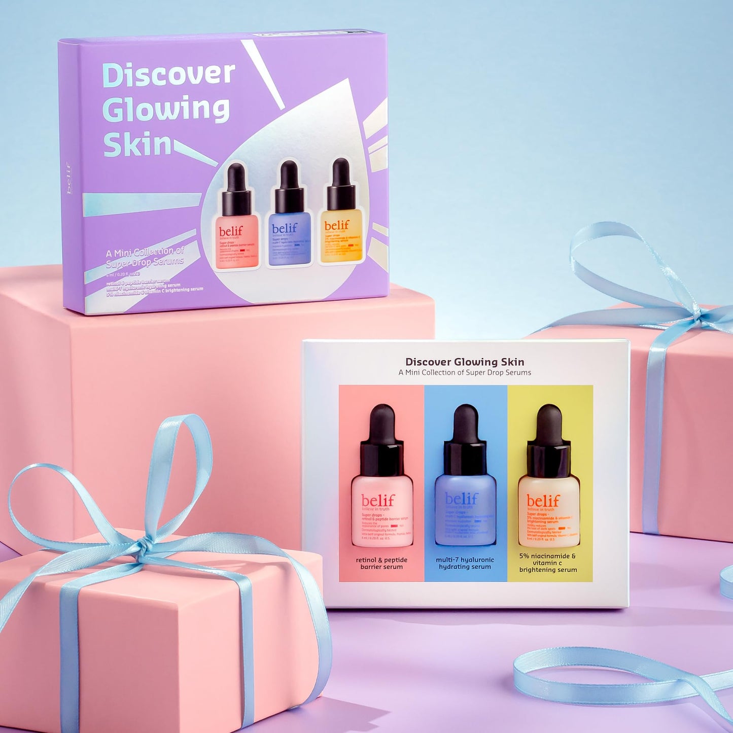 belif Super drops - discover glowing skin mini kit | Travel size, gift set, hyaluronic hydrating serum, peptide firming serum, vitamin C brightening serum, Korean skincare, Korean beauty (6ml x 3)