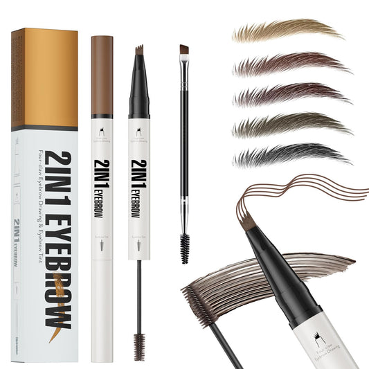 ELALRAU Eyebrow Pencil with Eyebrow Gel, 2-in-1 Microblading Eyebrow Pen and Brow Gel with 4 Fork Tip & Precise Brush-Tip for Fuller-Looking Defined Brows, 24H Wear, Waterproof & Smudge-proof, Brown