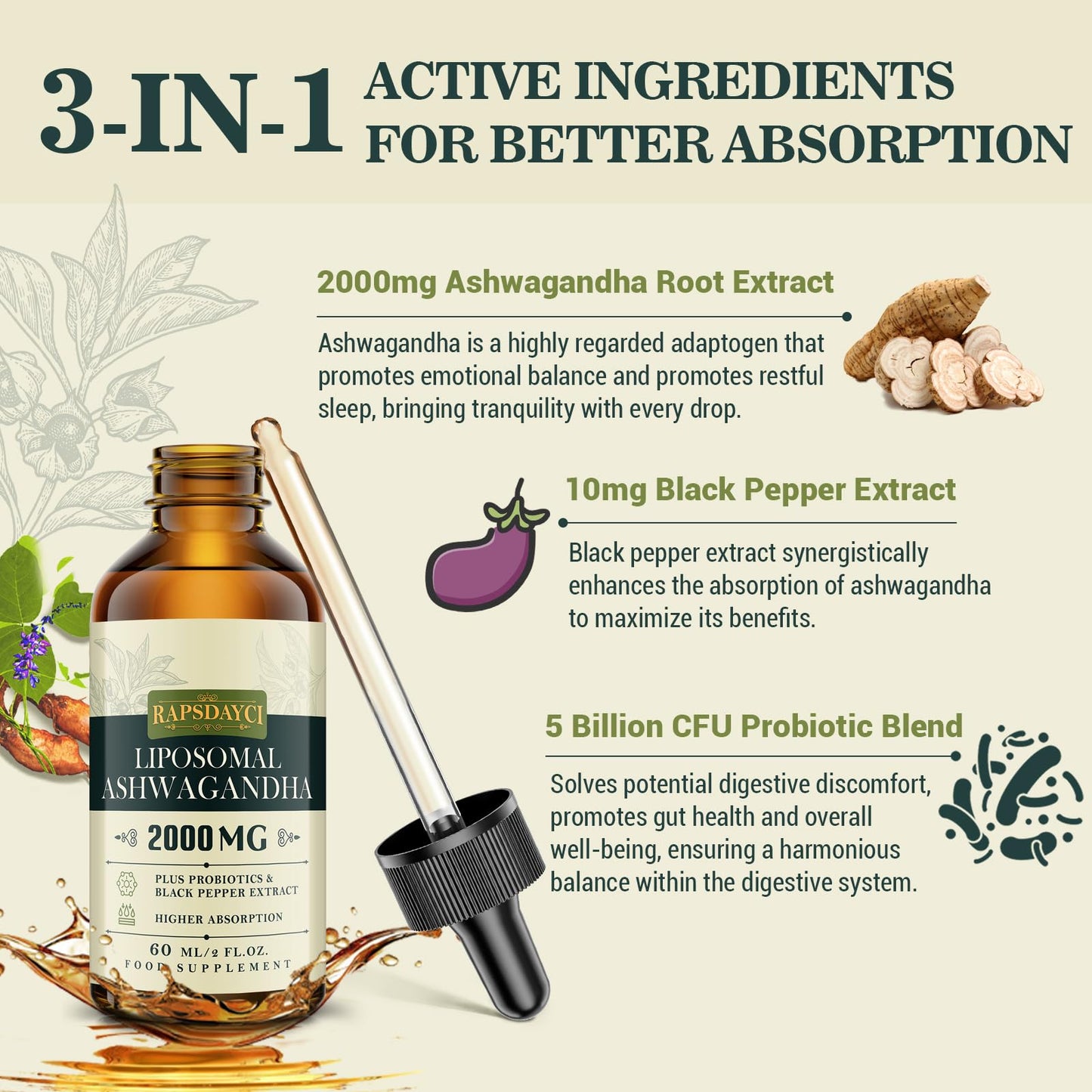 Rapsdayci 2000mg Liposomal Ashwagandha Liquid Drops, Pure High Strength Ashwagandha Root Extract with 7% Withanolides, 5X Concentration, Absorbed Faster Than Capsules, 60ml (Pack of 1)