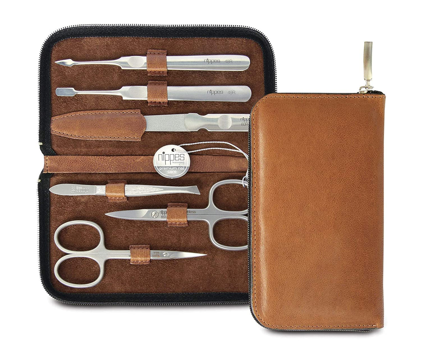 nippes Solingen Nippes Solingen Nippes Premium Line Manicure Set 6 Pieces Stainless Steel Rust and Nickel Genuine Cowhide Leather Case with Zip Fastener Brown