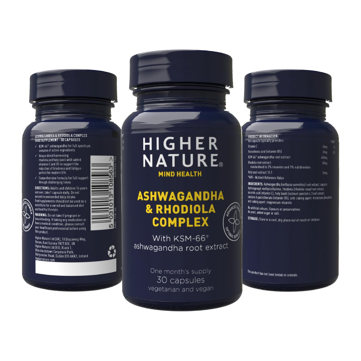 HIGHER NATURE Higher Nature - Ashwagandha & Rhodiola Complex - Reduce Fatigue - Holy Basil Extract - Ashwagandha Capsules - Vegetarian & Vegan - 30 Capsules