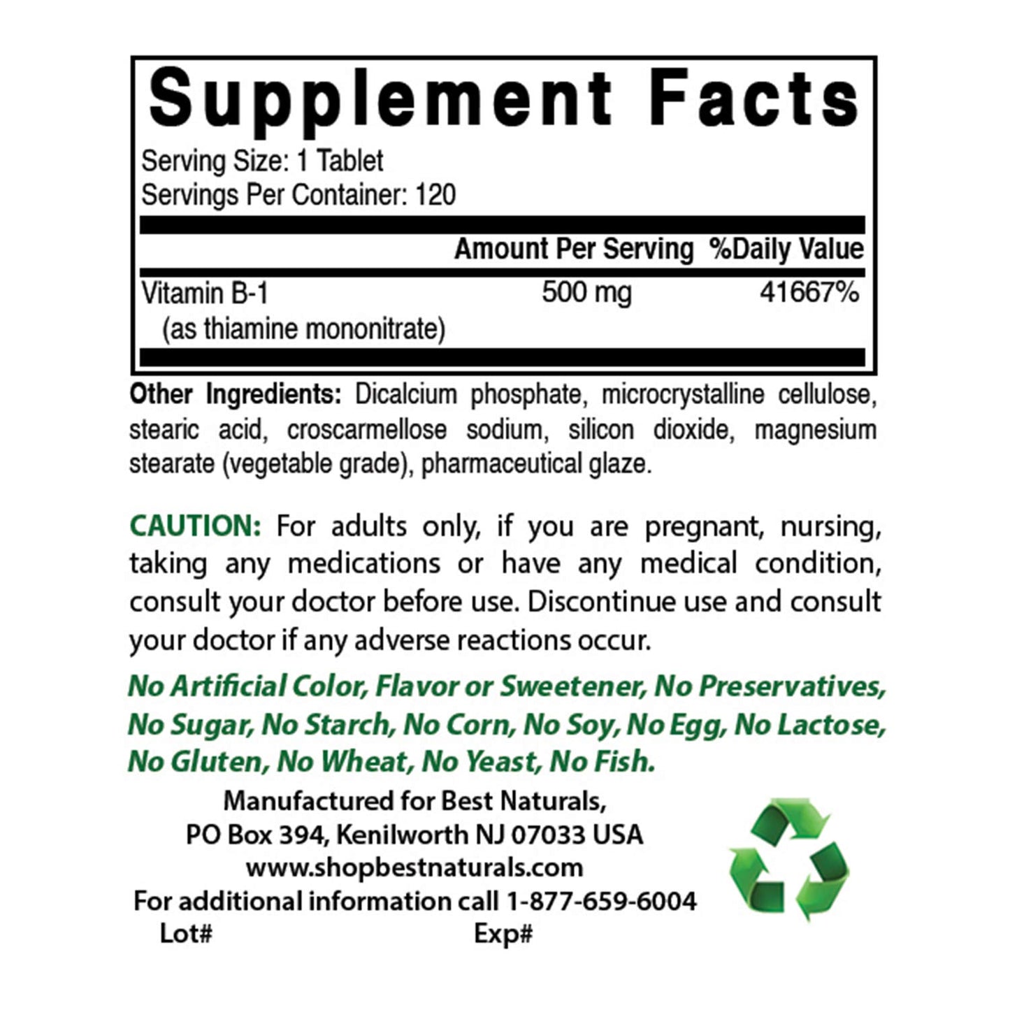 Best Naturals Vitamin B1 as Thiamine Mononitrate 500 mg 120 Tablets (120 Count (Pack of 2))