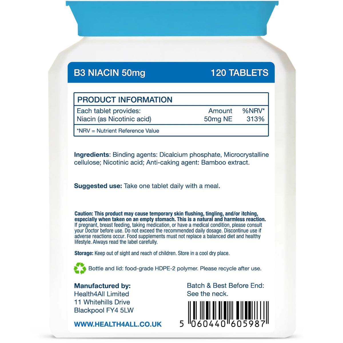 Health4All Vitamin B3 Niacin as Nicotinic Acid 50mg, 120 Tablets, Flush Effect
