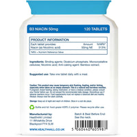 Health4All Vitamin B3 Niacin as Nicotinic Acid 50mg, 120 Tablets, Flush Effect