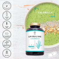 Chlorella Spirulina Tablets 1250mg Powerful Antioxidant,Helps Immune System,Reduces Fatigue.Provides Iron, Eliminates Heavy Metals.180 Vegetable Capsules.1250mg.UK Vegan Certified.N2 Natural Nutrition