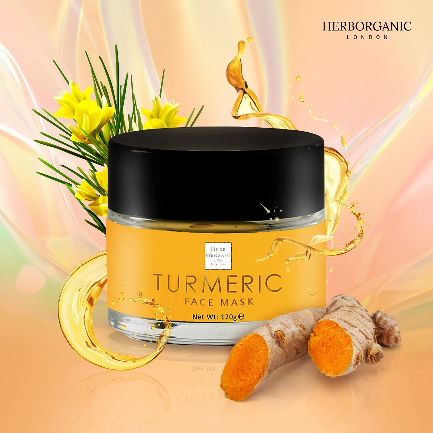 Herborganic Turmeric Clay Face Mask – For Detoxification and Hyper-Pigmentation – 120 g – Acne Treatment and Deep Cleansing with Aloe Vera and Jojoba Oil