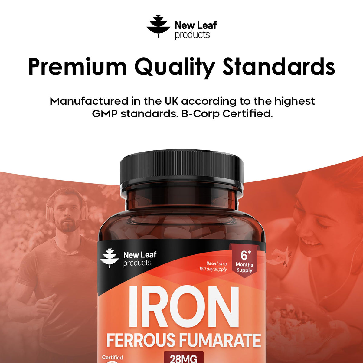 NEW LEAF PRODUCTS Gentle Iron Tablets 28mg High Strength Ferrous Fumarate Iron - Vegan Iron Supplements for Men and Womens Health - Reduction in Tiredness and Fatigue, Supports Immune, Health and Energy
