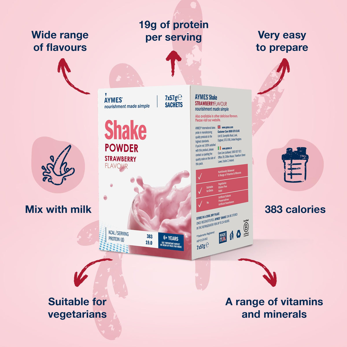 AYMES - High Protein Nutritional Powder Shakes - Strawberry - 7 Servings - Milkshake-Style Drink Mix - Gluten Free, Vegetarian, Halal & Kosher Suitable - For Ages 3+ and Adults