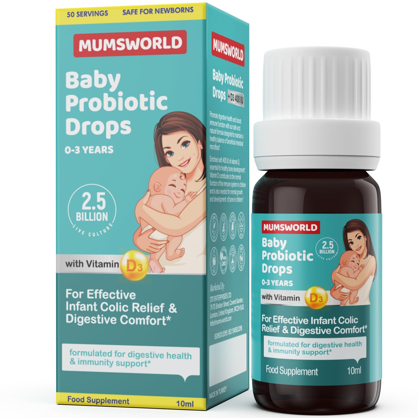 Mumsworld Probiotic Baby Drops with Vitamin D - Colic Relief for Babies & Newborns - Reduces Bloating, Wind and Crying - Probiotics for Babies & Children (10ml, 50 Servings) Pack of 3