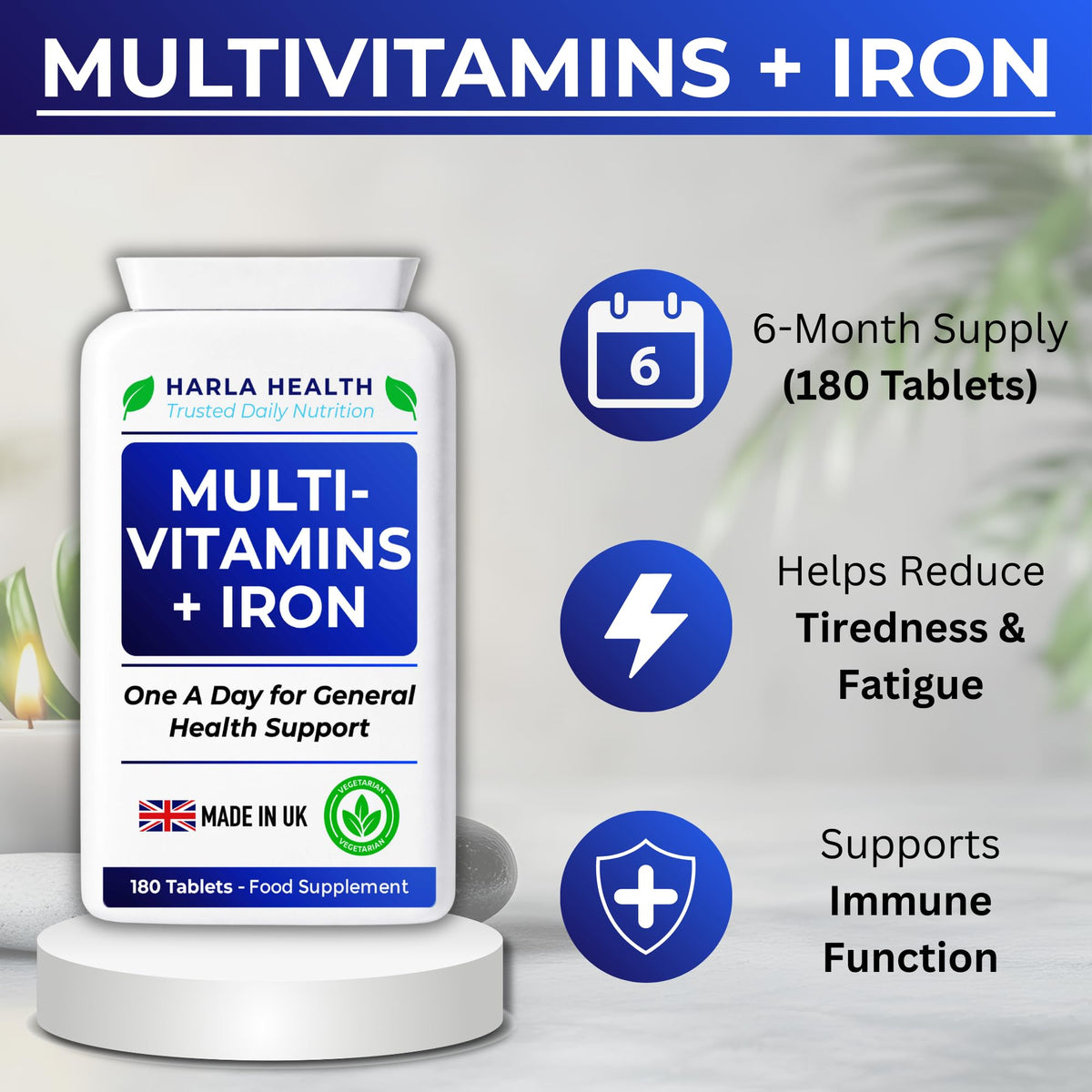 Harla Health Multivitamins with Iron | 180 Vegetarian Tablets | 6 Month Supply | Daily Multivitamin for Men & Women | Energy, Immune System & Overall Wellbeing Support | UK Brand | GMP Certified