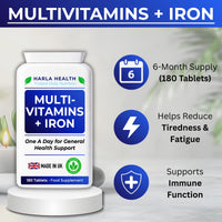 Harla Health Multivitamins with Iron | 180 Vegetarian Tablets | 6 Month Supply | Daily Multivitamin for Men & Women | Energy, Immune System & Overall Wellbeing Support | UK Brand | GMP Certified