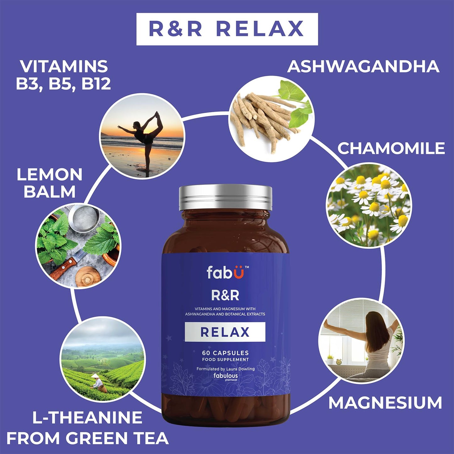 fabÜ R&R Relax - Botanical Relaxation Supplement with Vitamins and Magnesium with Ashwagandha and Lemon Balm Extract (60 Capsules)