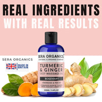Turmeric & Ginger Massage Oil - Natural Muscle & Joint Relief - Warming, Relaxing, and Soothing Therapy - Lymphatic Drainage & Anti-Inflammatory with Rosemary (100ml) Made in The UK by Sera Organics