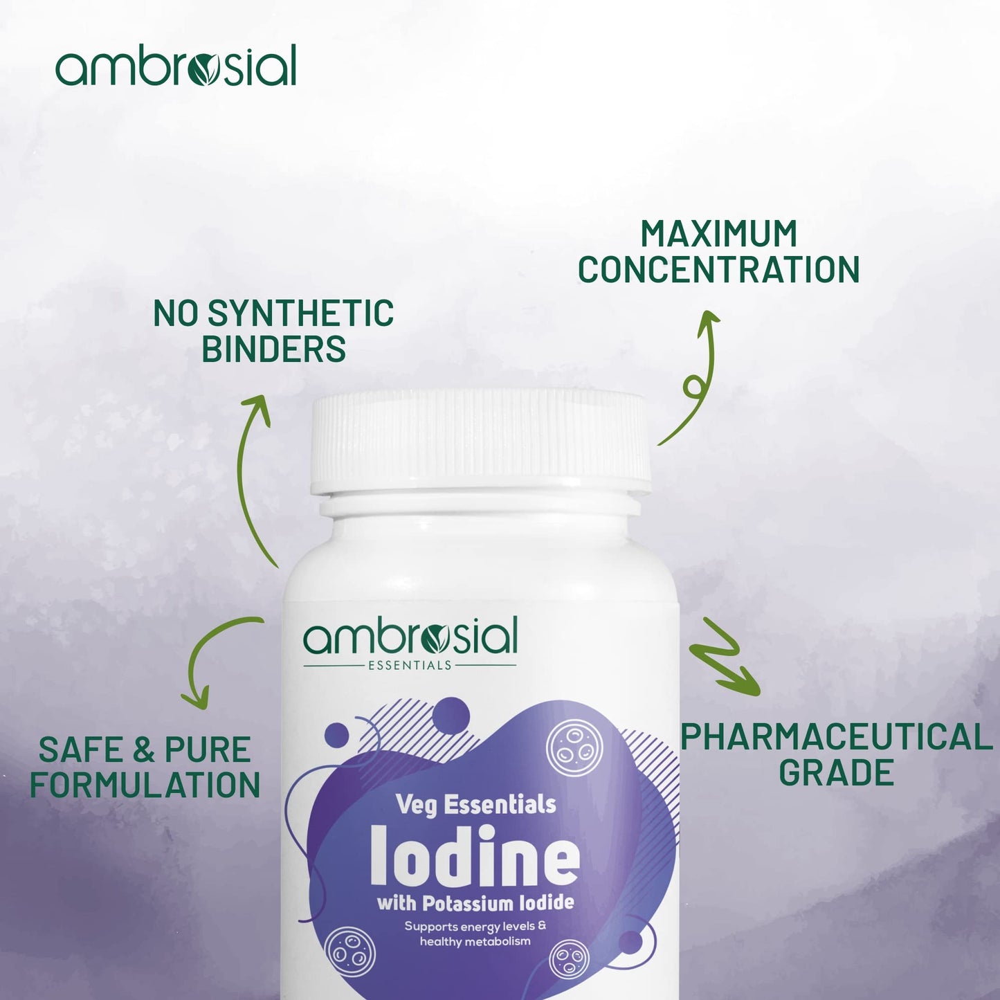 Ambrosial Iodine Supplement 5000mcg with 7500 mcg Potassium Iodide| High Strength Iodine Tablets | Natural Source of Iodine from Potassium Supplements & Iodide Tablets (Pack of 1-60 Tablets)