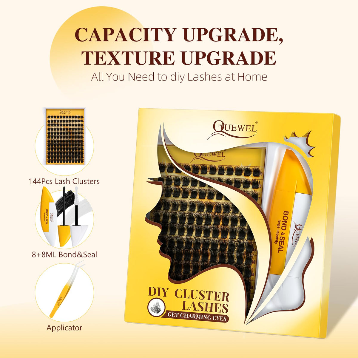 QUEWEL Cluster Lashes Kit Fluffy Lash Clusters, 144 pcs Thick Lashes Individual Cluster with 16ml Bond and Seal Lash Glue, Lash Applicator Easy to Use at Home (3D-Honey01 Kit)