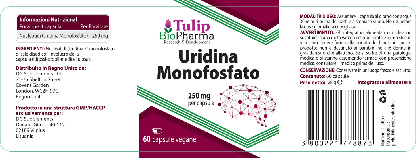 Tulip BioPharma Uridine Monophosphate 250mg 60 Capsules, Certificate of Analysis by AGROLAB Germany, High Strength, Gluten, GMO Free