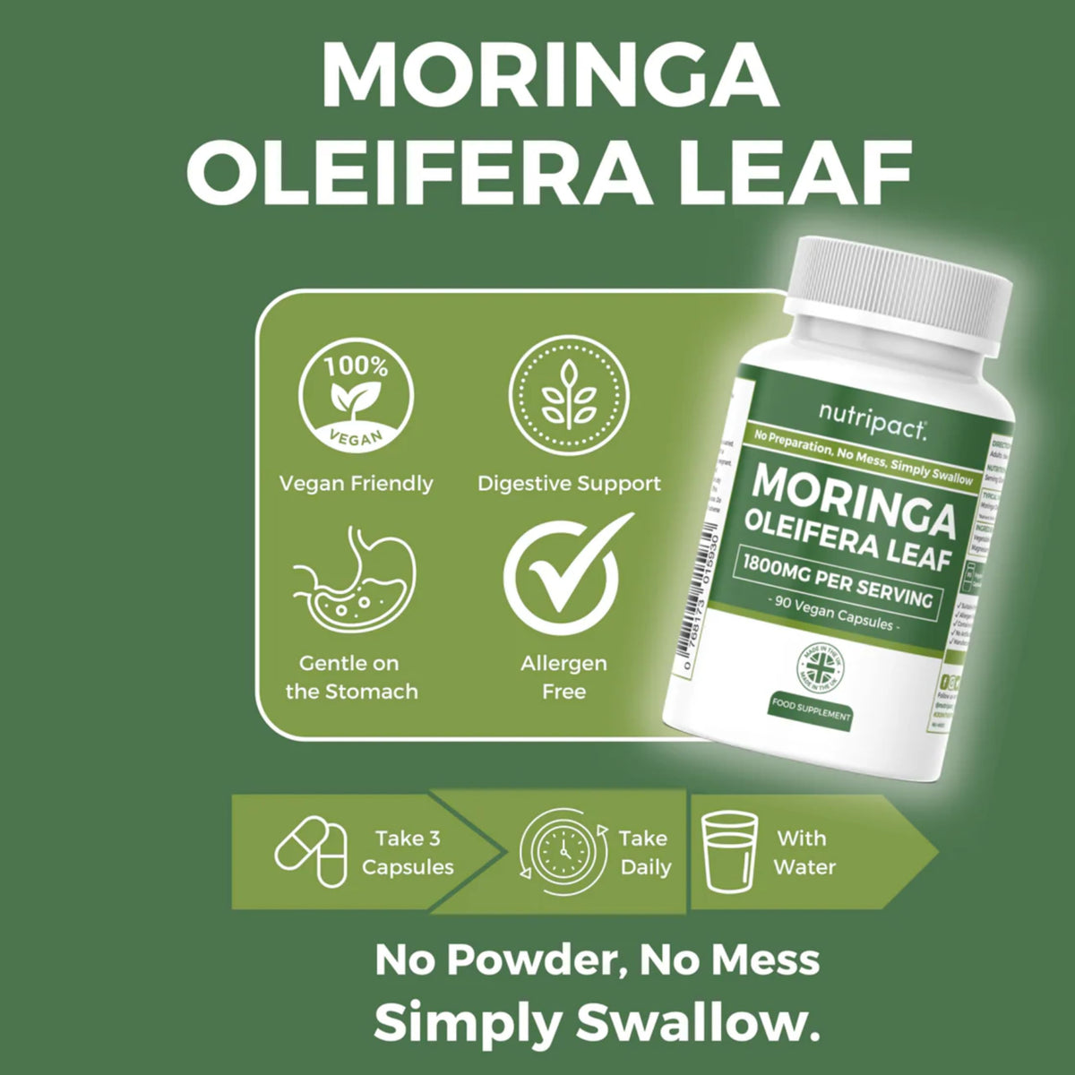 nutripact Moringa Capsules 1800mg – High Strength Moringa Oleifera Powder Supplement – 90 Vegan Capsules – Nutripact
