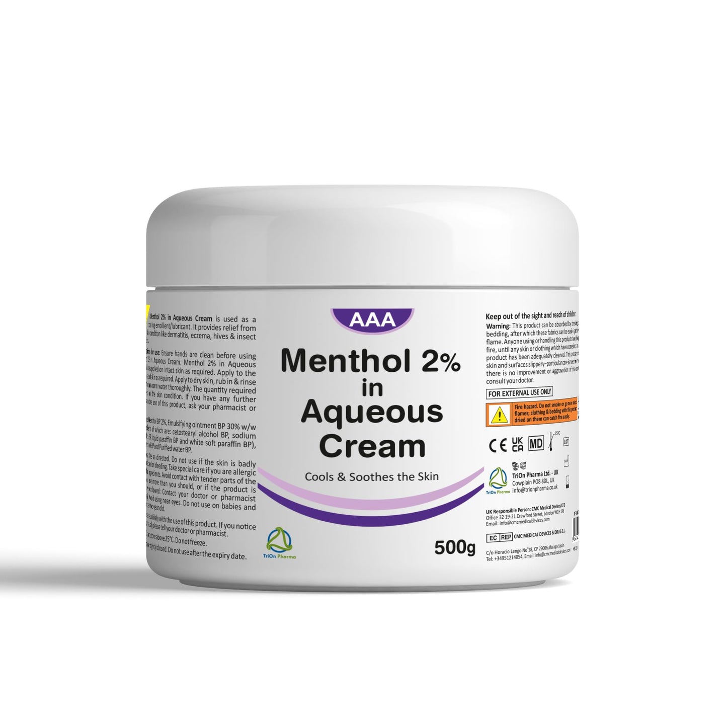 TriOn Pharma Aqueous Cream with Menthol 2% - 500g | Cooling Emollient for Softening & Soothing Skin | External Skin Cleansing Agent