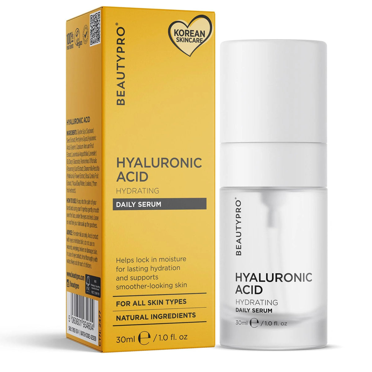 BeautyPro BEAUTYPRO HYALURONIC ACID Serum Daily Face Cream Anti-Ageing Hydrating Antioxidant Anti-Inflammatory Natural Vegan Skincare 100% Plant Based Soybean & Chamomile Multi Award Winning Brand 30ml