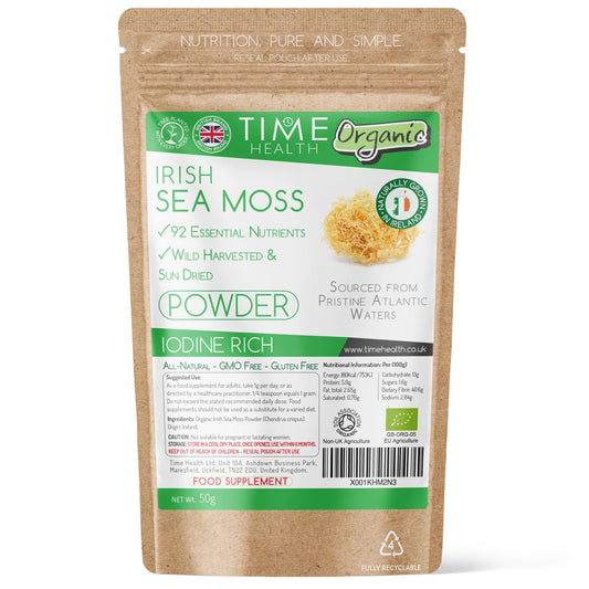 Organic Irish Sea Moss (Chrondrus crispus) - Wild Harvested from Irish Waters - Source of 92 Essential Nutrients - Iodine - Dr. Sebi - UK Made - GMP - Zero Additives (50g Powder Pouch)