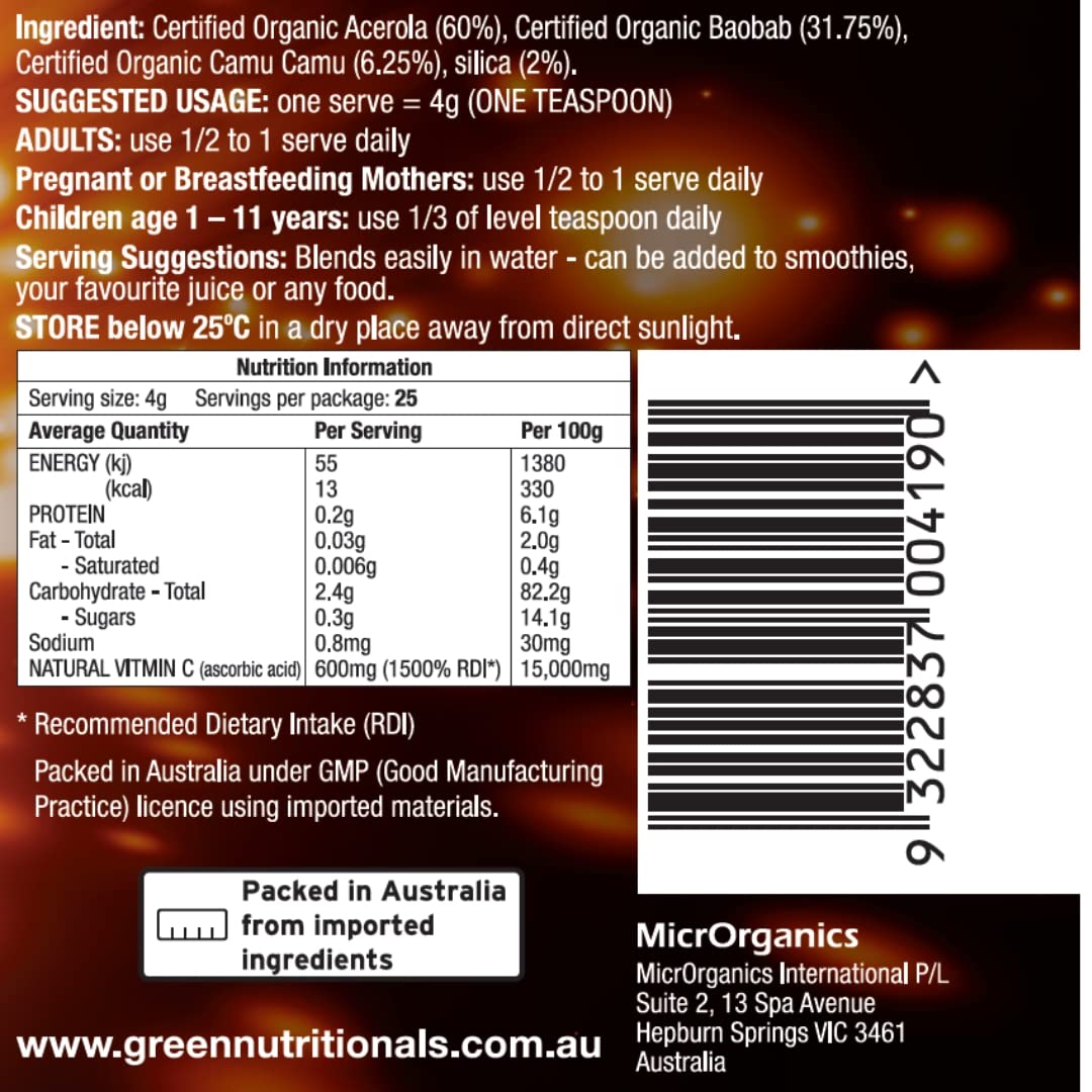 Green Nutritionals Green Vitamin C 100g Powder - Vegan Vegetarian Friendly