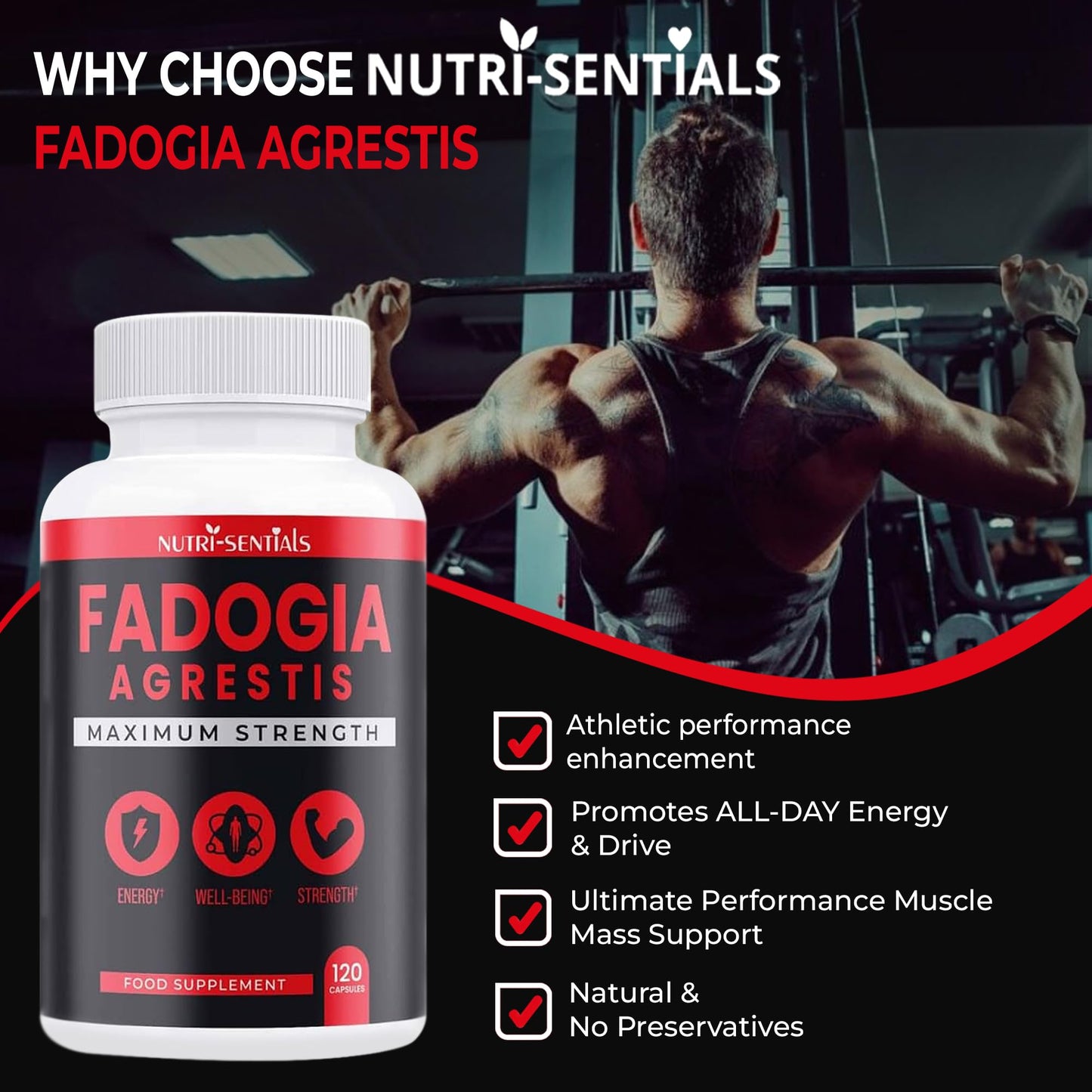 Nutri-Sentials Fadogia Agrestis 1000mg Maximum Strength 120 Capsules - Fadogia Agrestis Supplements, Athletic Performance & Muscle Mass