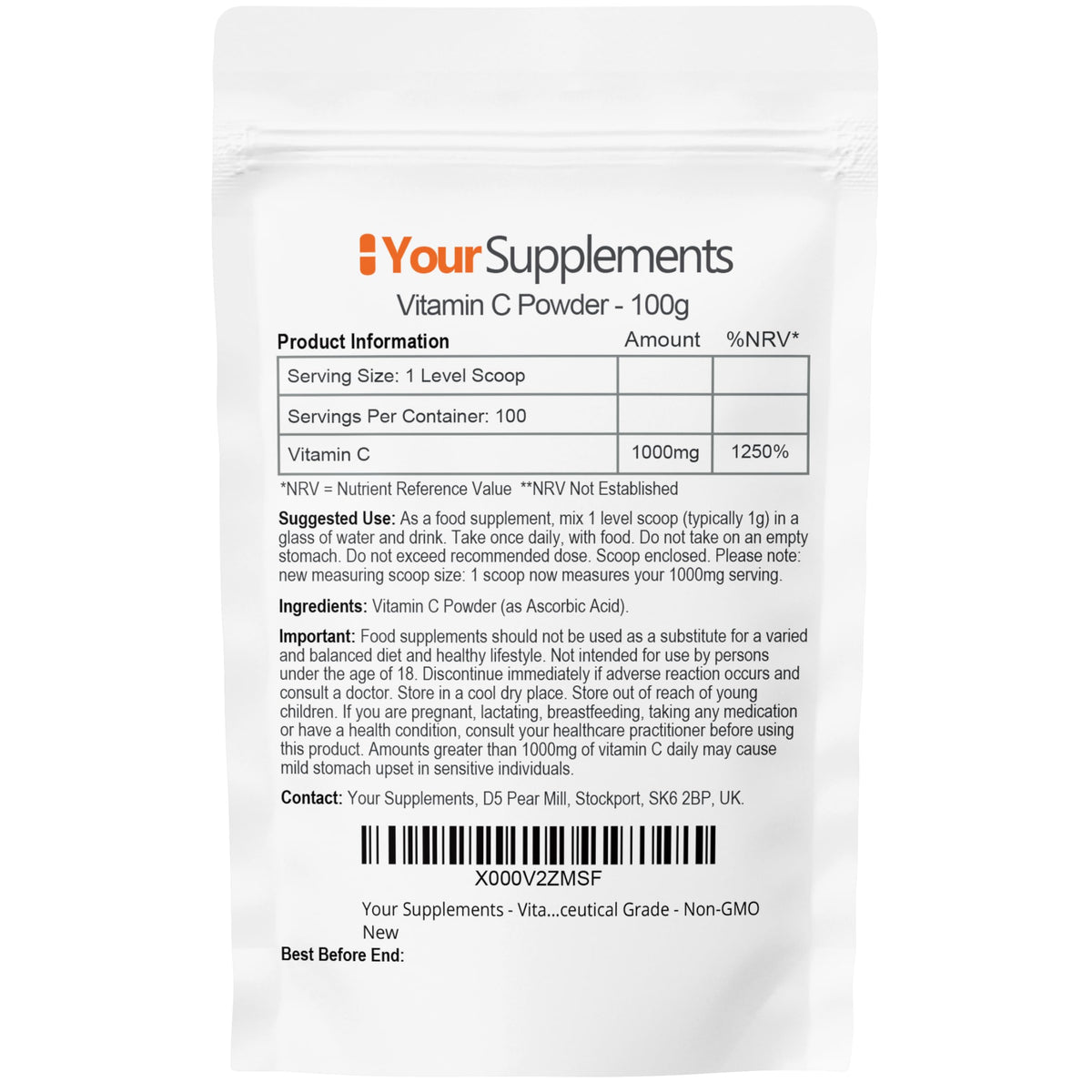 YourSupplements Vitamin C Powder 200g - Ascorbic Acid | 100% Pure British Pharmaceutical Grade | Non-GMO | Scoop Included
