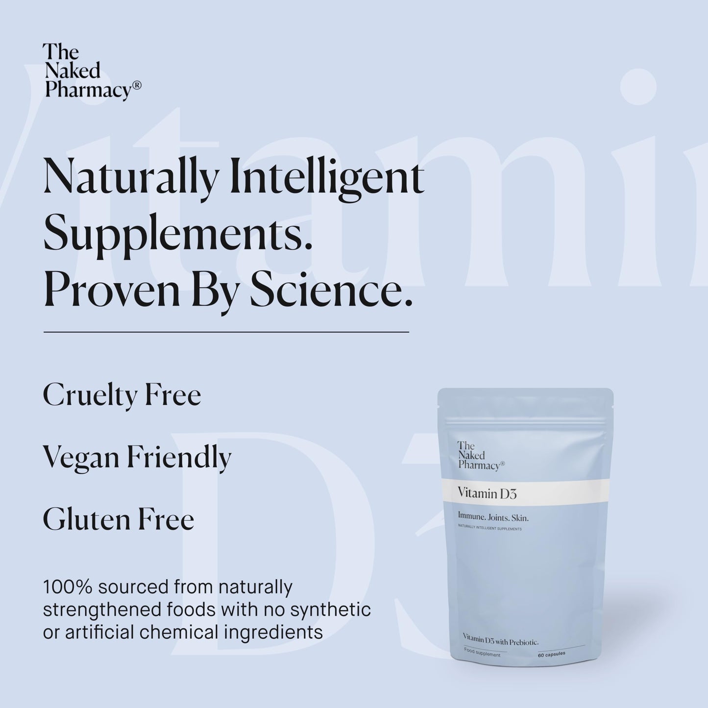 The Naked Pharmacy | Vitamin D3 Supplements | for Immune System | Bones, Joints & Teeth | with Natural Prebiotic Baobab | High Strength | No Additives | Vegan | 60 Capsules