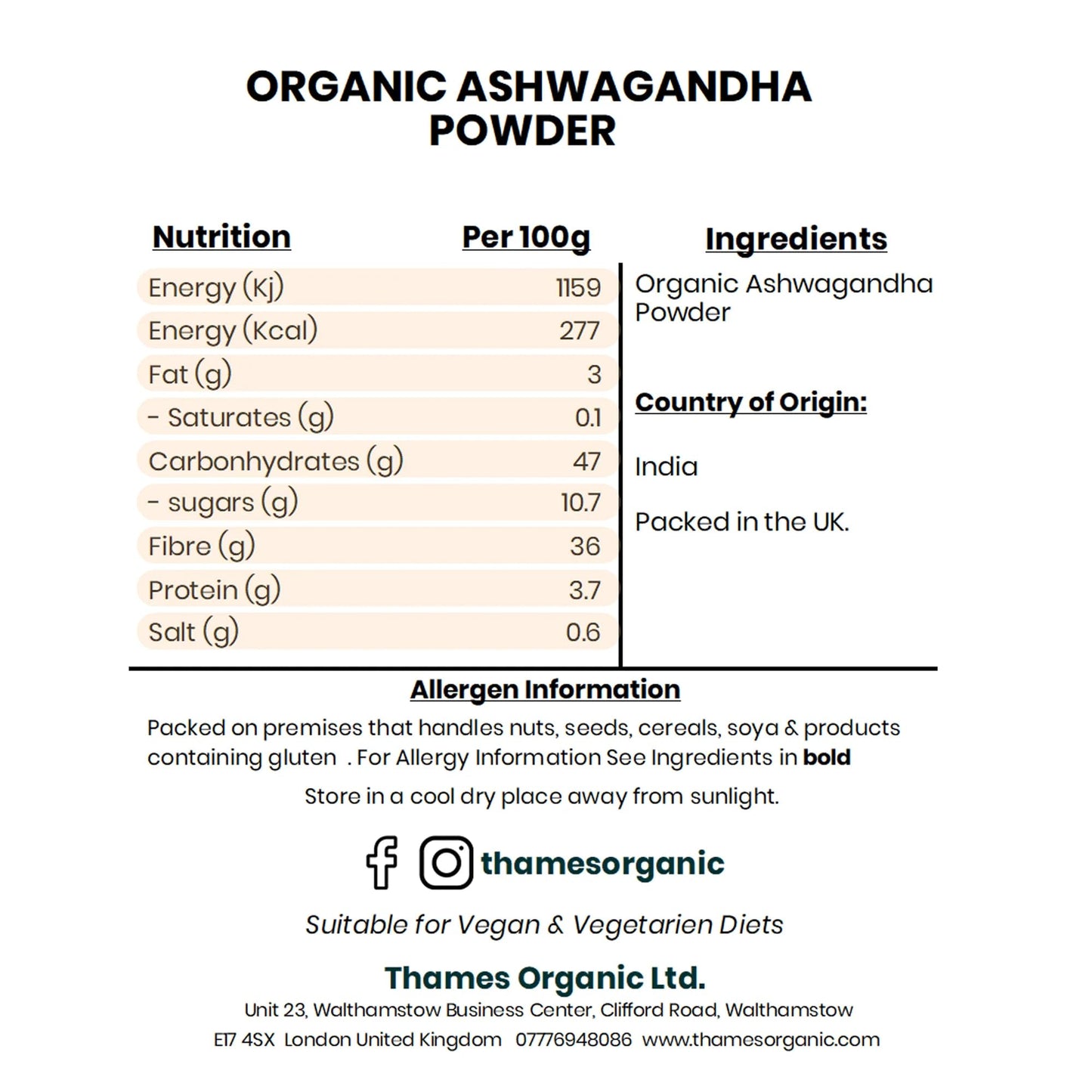 Organic Ashwagandha Powder - Pure Root Powder, Raw, Vegan, Non-GMO, No Additives or Preservatives, Promotes Relaxation - Thames Organic 500g