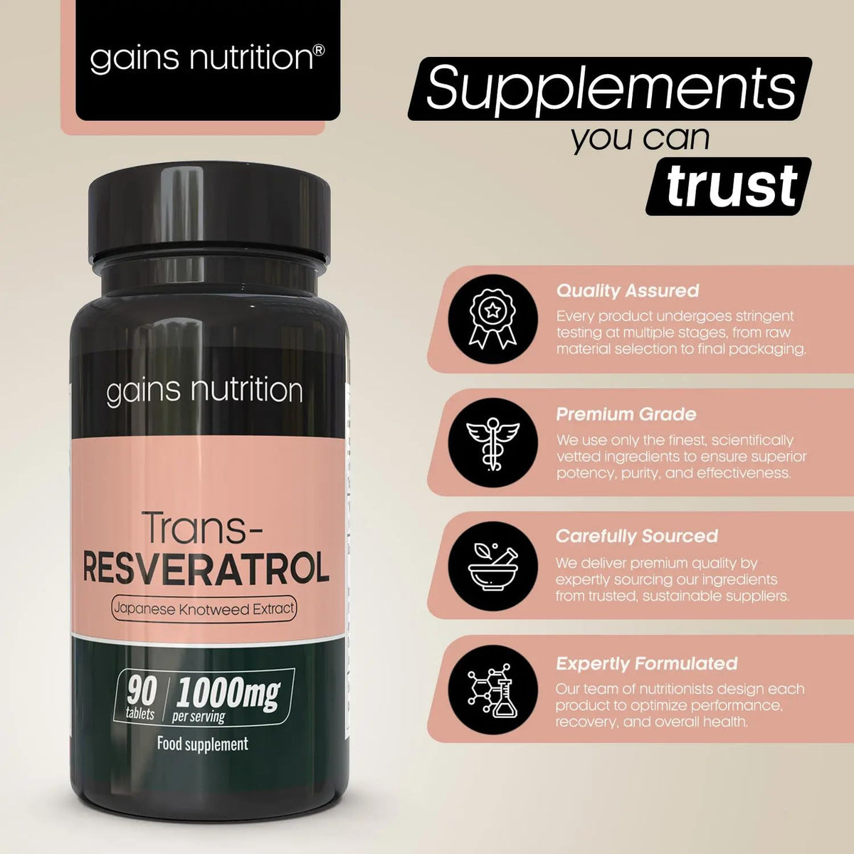Gains Nutrition GN Resveratrol | 90 High Strength Supplements - 1000mg Trans-Resveratrol per Serving | 1000mg Tablets | Non-GMO, Gluten & Allergen Free | Made in The UK