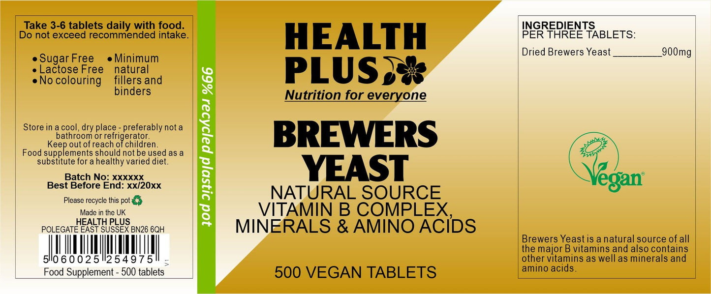 Health Plus Brewers Yeast 300mg : Vitamin B Supplement : 500 Tablets, in a Planet-Friendly 99% Recycled Pot