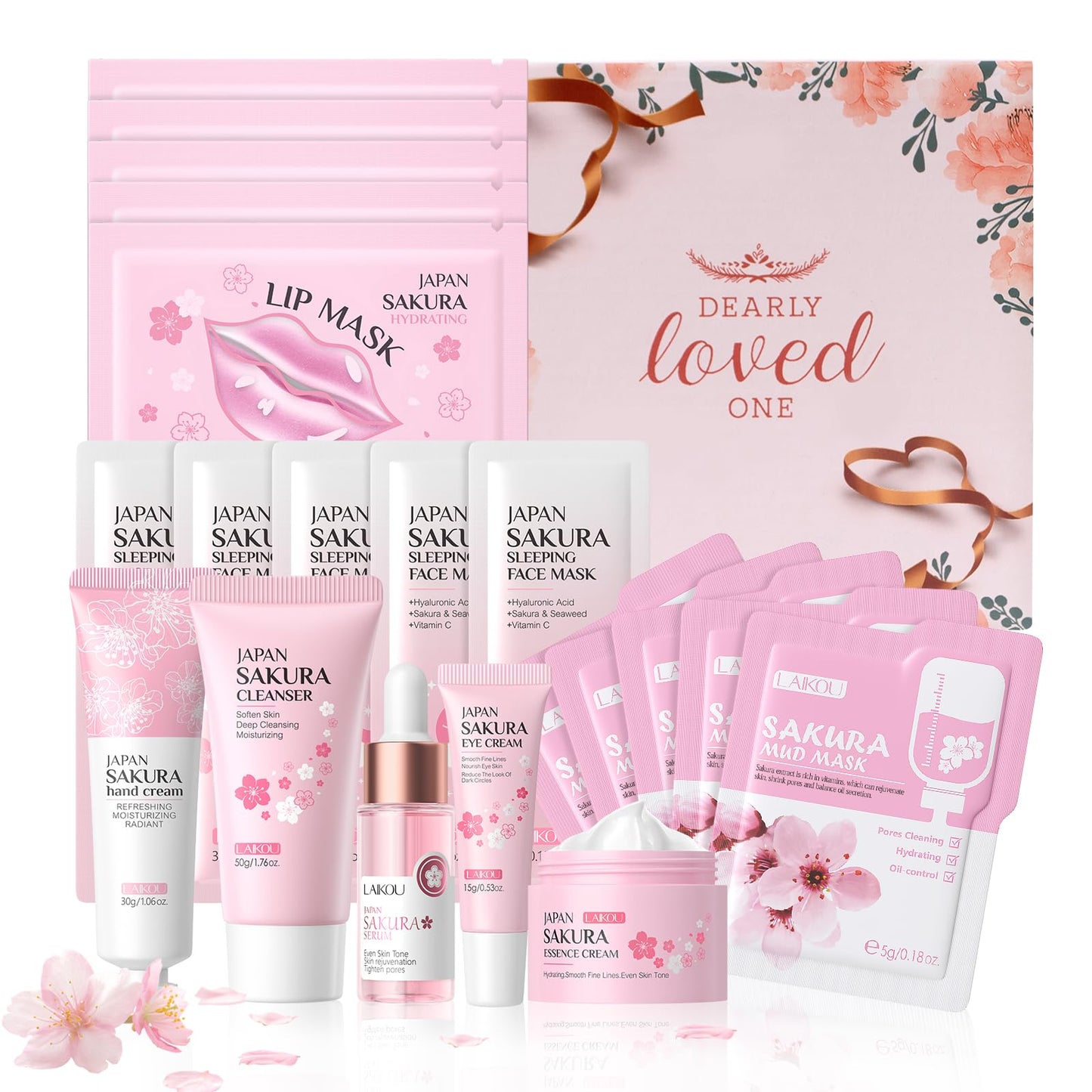 LAIKOU Sakura Skincare Set, 20PCS Face Care Kit, Cleanser, Serum, Eye, Moisturiser, Eye & Hand Cream, Sleeping & Mud Mask, Hydrating Travel-Friendly Pamper Gifts Set for Women Teen Girls