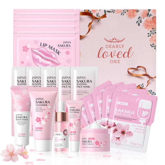 LAIKOU Sakura Skincare Set, 20PCS Face Care Kit, Cleanser, Serum, Eye, Moisturiser, Eye & Hand Cream, Sleeping & Mud Mask, Hydrating Travel-Friendly Pamper Gifts Set for Women Teen Girls