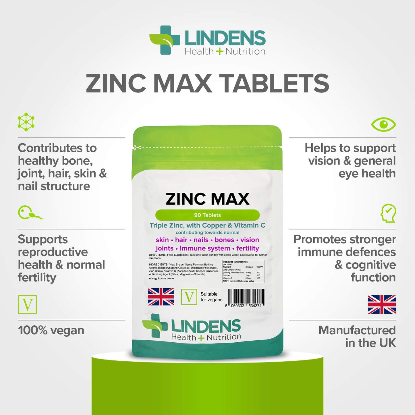 Lindens Zinc Max Tablets - 90 Pack - Provides 300% Nrv Dose, Fortified with Vitamin C & Copper to Contribute Towards Healthy Hair, Skin, Nails, Vision & Hormone Balance - UK Made, Letterbox Friendly